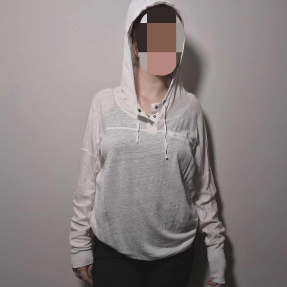 Eileen Fisher 100% Linen Eggshell White Pullover Hooded Costal Chic Sweatshirt M - Picture 3 of 11